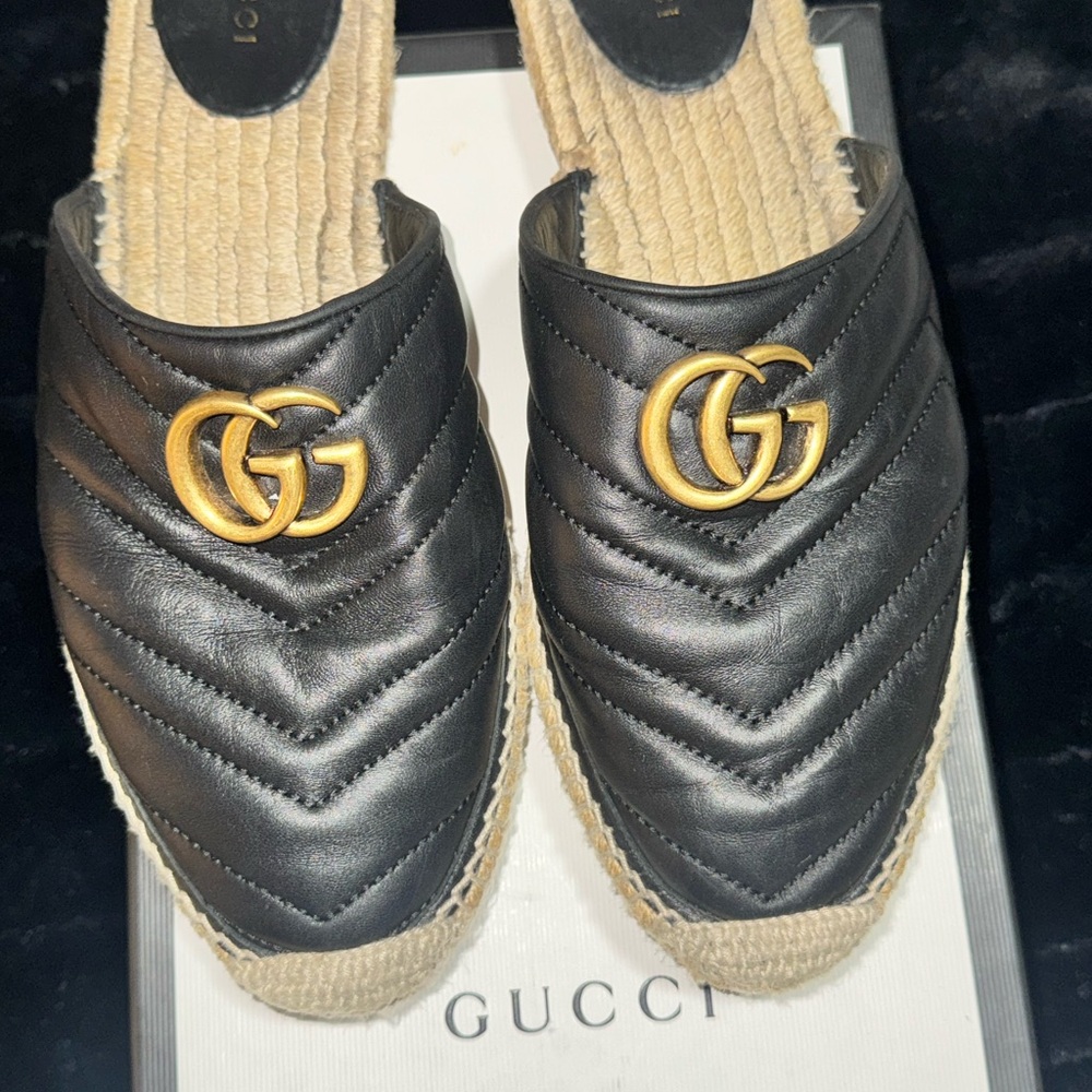 Gucci Black Leather Espadrille Mules